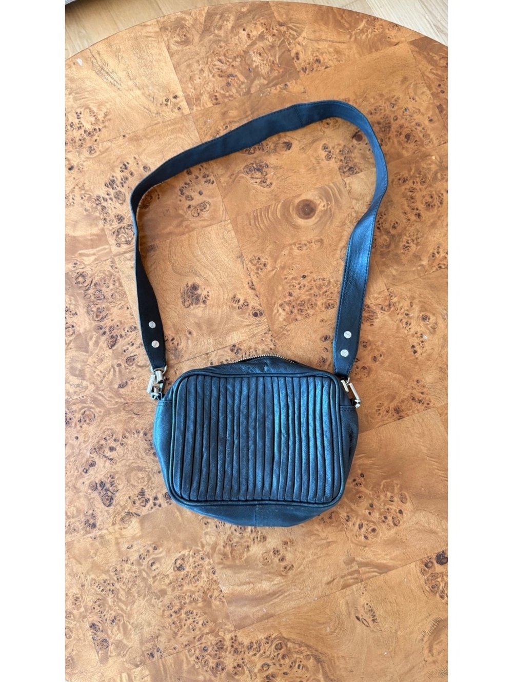 Topshop Black Leather Shoulder Bag with Pleated Front
